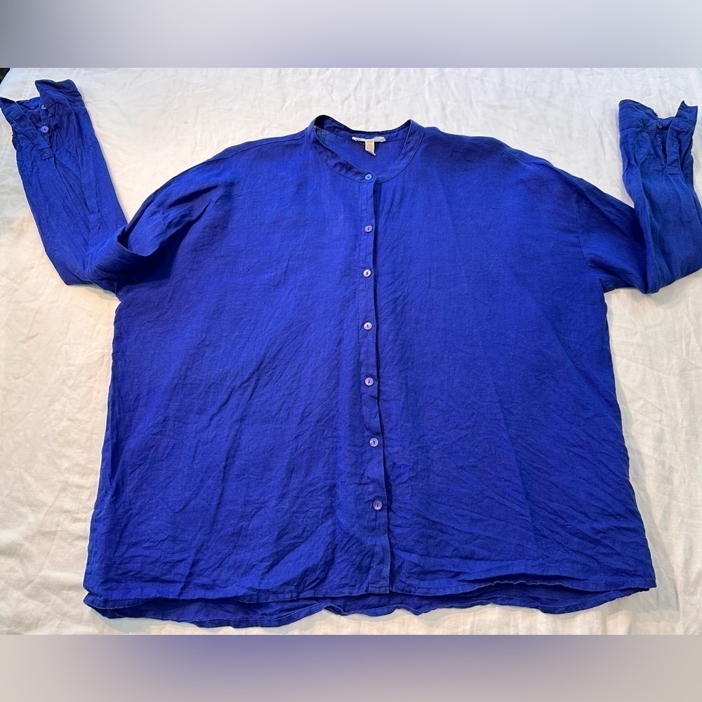 Eileen Fisher Size Small Cobalt Blue Linen Button Down - Picture 5 of 13